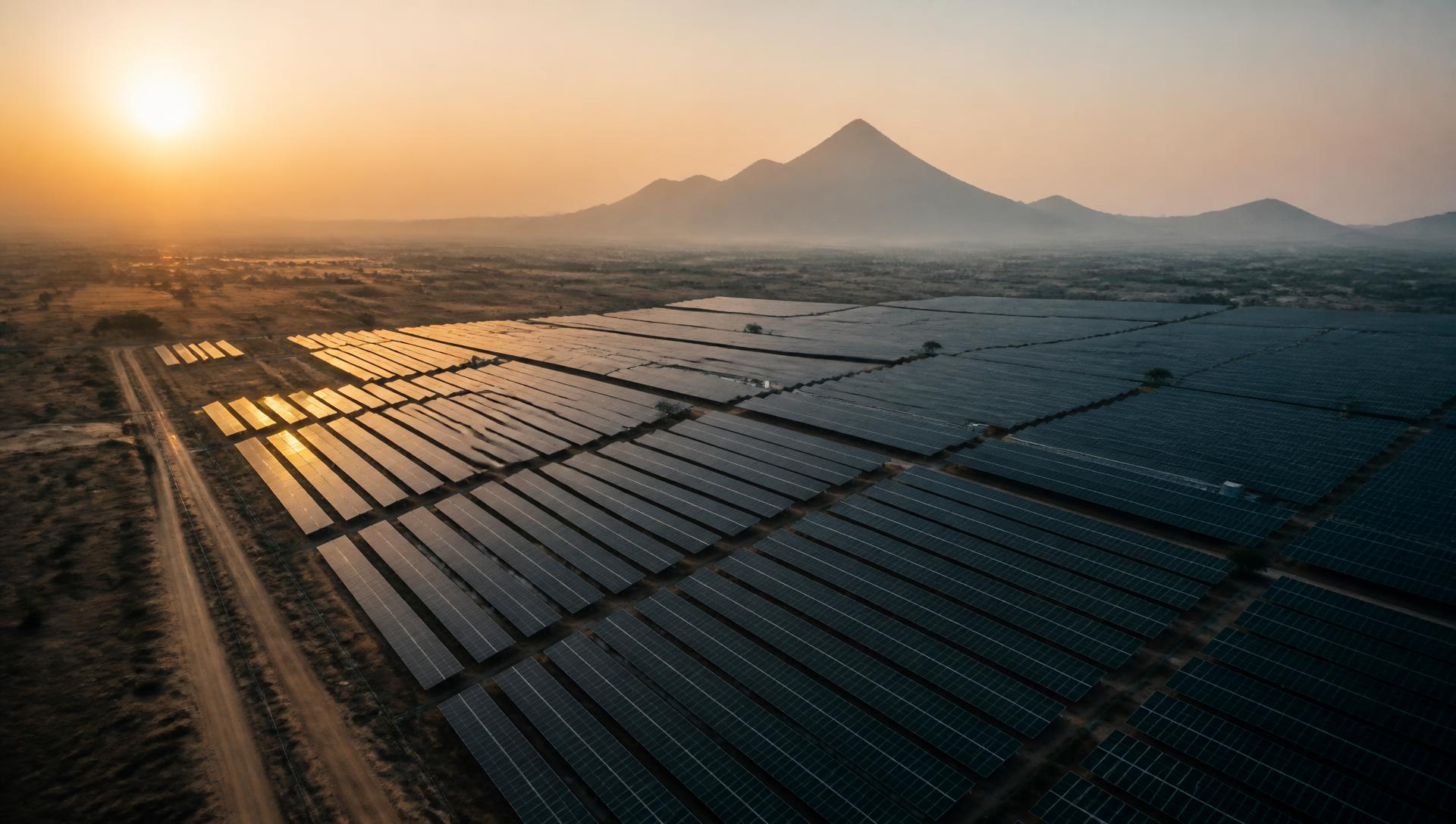 Aerial view of large-scale solar energy infrastructure